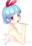  blue_hair blush bob_cut bow breasts cleavage disgaea face hair_bow medium_breasts nude original pleinair popsicle_stick red_eyes shiny shiny_hair short_hair simple_background solo tongue tongue_out very_short_hair wings yadamon_(neverland) 