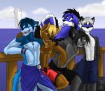 anthro biceps blue_eyes blue_hair canine chest_tuft clothing djwolf eyewear fur glasses group hair looking_at_viewer male mammal muscles necklace ocean pecs pose red_eyes sapphwolf sapphwolf_(artist) sapphwolf_(character) sea shorts smile sunglasses tail tattoo topless towel tuft water wolf yellow_eyes zaos 
