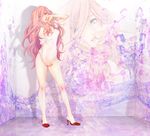  bad_id bad_pixiv_id blue_eyes breasts cleavage high_heels highres long_hair looking_at_viewer masami_chie medium_breasts megurine_luka parted_lips pink_hair pumps see-through shiny shiny_skin shoes solo vocaloid zoom_layer 
