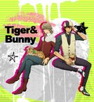  bad_id bad_pixiv_id barnaby_brooks_jr blonde_hair blue_eyes boots brown_eyes brown_hair bunny cabbie_hat chizuma facial_hair glasses hat highres jacket jewelry kaburagi_t_kotetsu male_focus multiple_boys necklace necktie petting red_jacket sitting stubble tiger tiger_&amp;_bunny vest waistcoat 