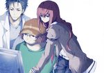  2boys glasses hashida_itaru hat highres kuusou_ryodan labcoat long_hair makise_kurisu multiple_boys okabe_rintarou pantyhose shorts simple_background steins;gate white_background 