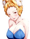  :p alternate_costume animal_ears bare_shoulders blonde_hair breasts cleavage collarbone dearmybrothers face forehead fox_ears highres large_breasts light_smile no_hat no_headwear short_hair solo tongue tongue_out touhou upper_body yakumo_ran 
