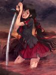  black_hair blood blood-c blood_on_face blood_stain bloody_clothes glasses hair_ribbon highres katana kisaragi_saya kneeling long_hair mutsuki_(moonknives) open_mouth red_eyes ribbon school_uniform skirt slit_pupils smile solo sword torn_clothes twintails very_long_hair water weapon 