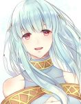  1girl bare_shoulders blue_hair blush cape dress fire_emblem fire_emblem:_rekka_no_ken hair_ornament kazame long_hair looking_at_viewer mamkute ninian nintendo open_mouth red_eyes simple_background smile solo taiga_kazame 