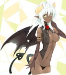  :o armlet bad_id bad_pixiv_id breasts colored_eyelashes cropped_legs dark_skin demon_girl demon_tail demon_wings elbow_gloves gloves horns large_breasts long_hair navel original pointy_ears slender slit_pupils solo string_panties succubus tail takaharu white_hair wings yellow_eyes 