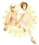  2boys ass axis_powers_hetalia bottomless brown_eyes brown_hair dark_skin egypt_(hetalia) frown greece_(hetalia) green_eyes hoshida keffiyeh leg_hug male male_focus multiple_boys sandal sandals short_hair sitting sweat topless 