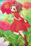  arrietty bag boots brown_eyes brown_hair clothes_pin dress flower karigurashi_no_arrietty konsensya long_sleeves ponytail red_dress solo 