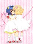  blonde_hair blue_hair blush bouquet bow brown_eyes dress flower furutani_himawari hair_flower hair_ornament hairband heart heart_background kneepits mary_janes multiple_girls oomuro_sakurako open_mouth pigeon-toed pink_background polka_dot polka_dot_background sa_ioio shoes short_hair younger yuru_yuri 