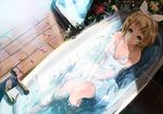  bare_legs bare_shoulders bathtub blonde_hair blue_eyes collarbone dress hair_ornament hair_ribbon hairband hairclip kagamine_rin looking_at_viewer looking_up mille_(dieci) partially_submerged petals ribbon shade sitting solo sundress v_arms vocaloid water wet wet_clothes 