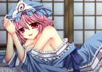  absurdres asazuki_kanai bare_shoulders breasts door ghost hat highres japanese_clothes lying medium_breasts off_shoulder on_stomach open_clothes open_mouth pink_hair red_eyes saigyouji_yuyuko sideboob smile solo touhou triangular_headpiece 