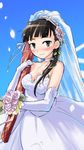  bare_shoulders black_eyes black_hair blush bouquet choker day dress elbow_gloves flower gloves highres holding long_hair looking_at_viewer mozu_(peth) sakamoto_mio sky smile solo strike_witches veil wedding_dress world_witches_series 