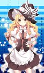  apron arm_up bad_id bad_pixiv_id blonde_hair bow braid hand_on_hip hat hat_ribbon highres kirisame_marisa ribbon roh_nam_kyung shirt skirt skirt_set smirk solo star touhou witch_hat wrist_cuffs yellow_eyes 