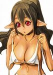  :&lt; bare_shoulders bikini black_hair blush breasts cleavage collarbone kazuki_kisuke large_breasts original pointy_ears red_eyes simple_background sketch solo swimsuit undone untied untied_bikini white_bikini 