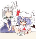  blue_hair braid chibi closed_eyes fish food grey_hair hat izayoi_sakuya maid maid_headdress multiple_girls nanana_(chicken_union) nigirizushi plate red_eyes remilia_scarlet rice short_hair sketch sushi touhou translated twin_braids wasabi wings 