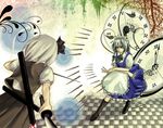  apron bad_id bad_pixiv_id battle blue_eyes boots braid checkered checkered_floor clock crossed_arms dual_wielding duel gears hair_ribbon halu-natsu holding izayoi_sakuya knife konpaku_youmu konpaku_youmu_(ghost) maid maid_headdress multiple_girls neck_ribbon ribbon short_hair silver_hair sword touhou weapon 