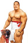  dog duo feral human japanese_clothing jiraiya male mammal muscles plain_background smile white_background 