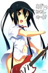  black_hair blouse blush bottomless bow bowtie brown_eyes cover cover_page doujin_cover doujinshi electric_guitar guitar highres instrument k-on! kuuchuu_yousai long_hair looking_at_viewer nakano_azusa navel no_panties non-web_source open_clothes open_mouth open_shirt rating round_teeth school_uniform shirt smile solo teeth twintails unbuttoned white_shirt 