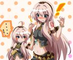  ahoge blue_eyes blush blush_stickers bracelet breast_envy breast_grab breasts dr._cryptoso dual_persona grabbing headphones height_difference jewelry long_hair looking_at_breasts medium_breasts megurine_luka multiple_girls navel pink_hair size_difference tattoo vocaloid 