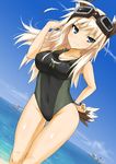  animal_ears bad_id bad_pixiv_id blonde_hair blue_eyes breasts dakku_(ogitsune) goggles hanna-justina_marseille highres long_hair medium_breasts ocean smile solo strike_witches swimsuit tail world_witches_series 