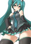  blue_hair blush detached_sleeves green_eyes green_hair hatsune_miku headset jewelry long_hair momio necklace panties skirt smile solo thighhighs twintails underwear upskirt very_long_hair vocaloid white_panties 