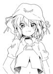  calligraphy_brush_(medium) choker crop_top facial_mark fang greyscale hat looking_at_viewer merry_nightmare midriff monochrome namori navel pointy_ears smile solo traditional_media upper_body yumekui_merry 