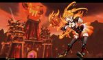  black_legwear blonde_hair fang fingerless_gloves fire flame gloves glowing glowing_eyes highres nam_(valckiry) pauldrons personification ragnaros red_eyes slit_pupils solo thighhighs twintails warcraft warhammer weapon world_of_warcraft zettai_ryouiki 