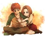  1girl arm_hug blush brown_eyes brown_hair couple digimon digimon_adventure hetero izumi_koushirou mimxxpk red_eyes short_hair sitting skirt tachikawa_mimi 