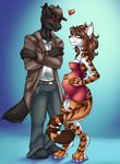  alexandria_(maxiscore) anthro blue_eyes blush brown_hair canine clothing duo feline female fivel hair love male mammal maxis_core maxis_core_(maxiscore) pregnant red_eyes stripes tiger undead vampire wolf 