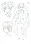  bad_id bad_pixiv_id bare_shoulders character_sheet detached_sleeves face graphite_(medium) hatsune_miku headphones long_hair monochrome mushi024 profile sketch standing thighhighs traditional_media twintails very_long_hair vocaloid zettai_ryouiki 