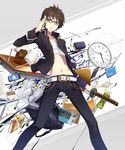  adjusting_eyewear amagai_tarou androgynous bag bandages belt blazer blue_eyes book brown_hair calculator cellphone clock cuffs desk glasses handcuffs highres ito-en jacket katana male_focus midriff navel notebook original pen phone sarashi solo sword weapon 