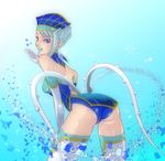  ass backless_outfit bare_shoulders blue_eyes blue_hair blue_rose_(tiger_&amp;_bunny) boots crystal_earrings earrings elbow_gloves gloves hat jewelry karina_lyle kisou_nowora lipstick makeup short_hair solo superhero thigh_boots thighhighs tiger_&amp;_bunny 