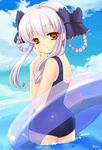  ass bow braid brown_eyes da_capo da_capo_ii hair_bow hair_rings highres innertube long_hair looking_back ocean one-piece_swimsuit ribbon school_swimsuit silver_hair smile solo swimsuit twin_braids twintails wading water yadamon_(neverland) yellow_eyes yukimura_anzu 