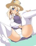  adjusting_clothes adjusting_legwear blonde_hair blue_eyes blush feet hair_ribbon hat legs momio moriya_suwako open_mouth panties ribbon short_hair sitting solo spread_legs thighhighs touhou underwear white_legwear white_panties 