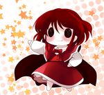  black_eyes cape chibi dress hand_on_hip highres okazaki_yumemi red_hair smile solid_circle_eyes solo star touhou touhou_(pc-98) yume_shokunin 