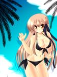  backdrop bikini blush breasts brown_hair cleavage front-tie_top hair_ribbon highres large_breasts long_hair navel palm_tree rewrite ribbon saano_chia senri_akane shadow shiny shiny_skin side-tie_bikini smile solo swimsuit tree yellow_eyes 