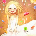  :d bad_id bad_pixiv_id blonde_hair blush candy closed_eyes dress food happy kaga_rin lollipop lowres mizuiro_buranko open_mouth orange_(color) smile solo usagi_drop water_drop white_dress 