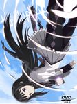  akemi_homura argyle argyle_legwear black_hair black_legwear blue_eyes blush capelet falling hairband jet_yowatari long_hair magical_girl mahou_shoujo_madoka_magica official_style pantyhose pleated_skirt purple_eyes reflection ribbon shield skirt solo upside-down water 