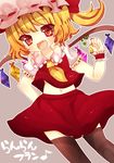  ascot bad_id bad_pixiv_id blonde_hair bow fang flandre_scarlet flower hair_bow hat midriff navel open_mouth red_eyes short_hair skirt smile solo taru_(sougoubunnka) thighhighs touhou wings wrist_cuffs 