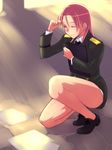  bare_legs closed_eyes earrings em jewelry legs long_legs microskirt military military_uniform minna-dietlinde_wilcke one_knee paper pencil_skirt red_hair skirt solo squatting strike_witches sunlight thighs uniform world_witches_series 
