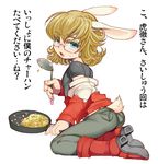  animal_ears barnaby_brooks_jr blonde_hair boots bunny_ears bunny_tail chinjuu_hibakichi cooking food fried_rice frying_pan jacket kemonomimi_mode kneeling male_focus red_jacket solo spoon tail tiger_&amp;_bunny 