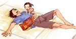  1girl book brown_hair child facial_hair father_and_daughter kaburagi_kaede kaburagi_t_kotetsu oioi short_hair shorts sleeping stubble tank_top tiger_&amp;_bunny younger 