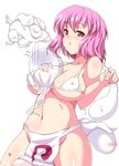  bad_id bad_pixiv_id bare_shoulders between_breasts between_thighs bikini blush breasts covered_nipples ghost groin hitodama large_breasts loincloth moisture_(chichi) navel pink_eyes pink_hair saigyouji_yuyuko sexually_suggestive short_hair simple_background solo swimsuit thighs touhou underboob white_bikini 