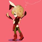  animal_ears apron bad_id bad_pixiv_id barnaby_brooks_jr blonde_hair boots bunny_ears bunny_tail cooking food fried_rice from_behind frying_pan full_body glasses green_eyes kemonomimi_mode male_focus pink_background poco24 shirt simple_background solo standing t-shirt tail thought_bubble tiger_&amp;_bunny 