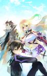  2boys alvin_(tales) black_hair blonde_hair brown_hair choker coat cravat gloves hand_on_hip jude_mathis long_hair milla_maxwell mooche multiple_boys purple_eyes skirt smile strapless tales_of_(series) tales_of_xillia tubetop yellow_eyes 