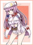  aru_ra_une book breasts capelet cleavage cleavage_cutout covered_nipples covering covering_crotch crescent dress dress_tug hair_ribbon hat highres large_breasts long_hair miniskirt open_mouth patchouli_knowledge pink_skirt purple_eyes purple_hair ribbon short_dress skirt solo striped striped_dress sweatdrop touhou wavy_mouth 