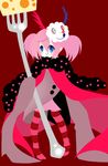  bad_id bad_pixiv_id blue_eyes cape charlotte_(madoka_magica) cheese food fork mahou_shoujo_madoka_magica mask pantyhose personification pink_hair s20 short_twintails simple_background sleeves_past_wrists solo striped striped_legwear twintails 