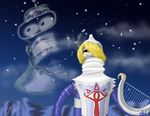  bender blonde_hair confused crossover davehz emblem female futurama hair harp hat machine male mechanical mountain not_furry ocarina_of_time outfit princess_zelda robot shiek snow snowing transexual 