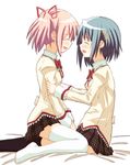  bad_id bad_pixiv_id banned_artist blue_hair gonzaburou hair_ornament hair_ribbon hairclip highres kaname_madoka mahou_shoujo_madoka_magica miki_sayaka multiple_girls pink_hair ribbon school_uniform short_hair short_twintails sitting sitting_on_person smile thighhighs twintails yuri zettai_ryouiki 