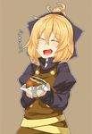  bad_id bad_pixiv_id blonde_hair eating fang food hair_ribbon hamburger hati105 kurodani_yamame ponytail ribbon smile solo touhou 