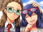  1girl bad_id bad_pixiv_id blue_hair brother_and_sister brown_hair closed_eyes glasses hairlocs inazuma_eleven_(series) inazuma_eleven_go kidou_yuuto laughing necktie obo older open_mouth otonashi_haruna red_eyes short_hair siblings smile 